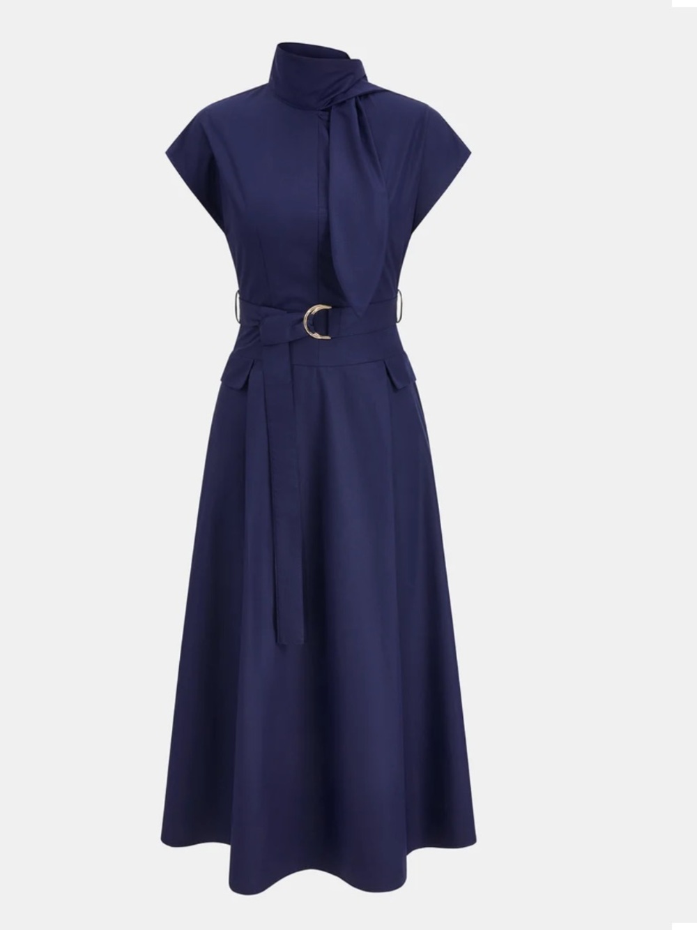 Commense Navy Tie-Neck Belted Maxi Dress with D-Ring Waist